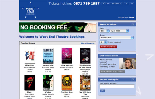 Westend Theatre Bookings website