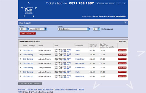 Westend Theatre Bookings website - tickets